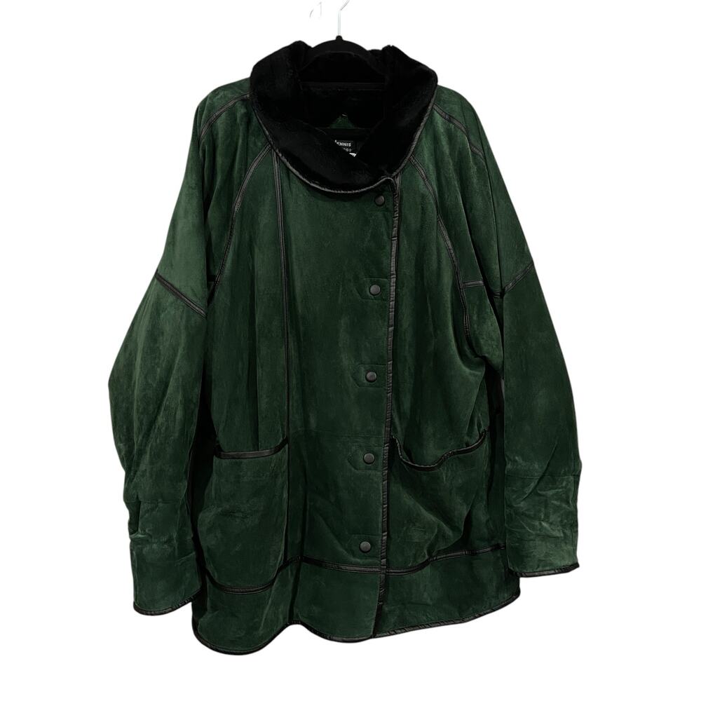 Dennis Basso 100% Leather Green Jacket Faux Fur Lining Size 1X